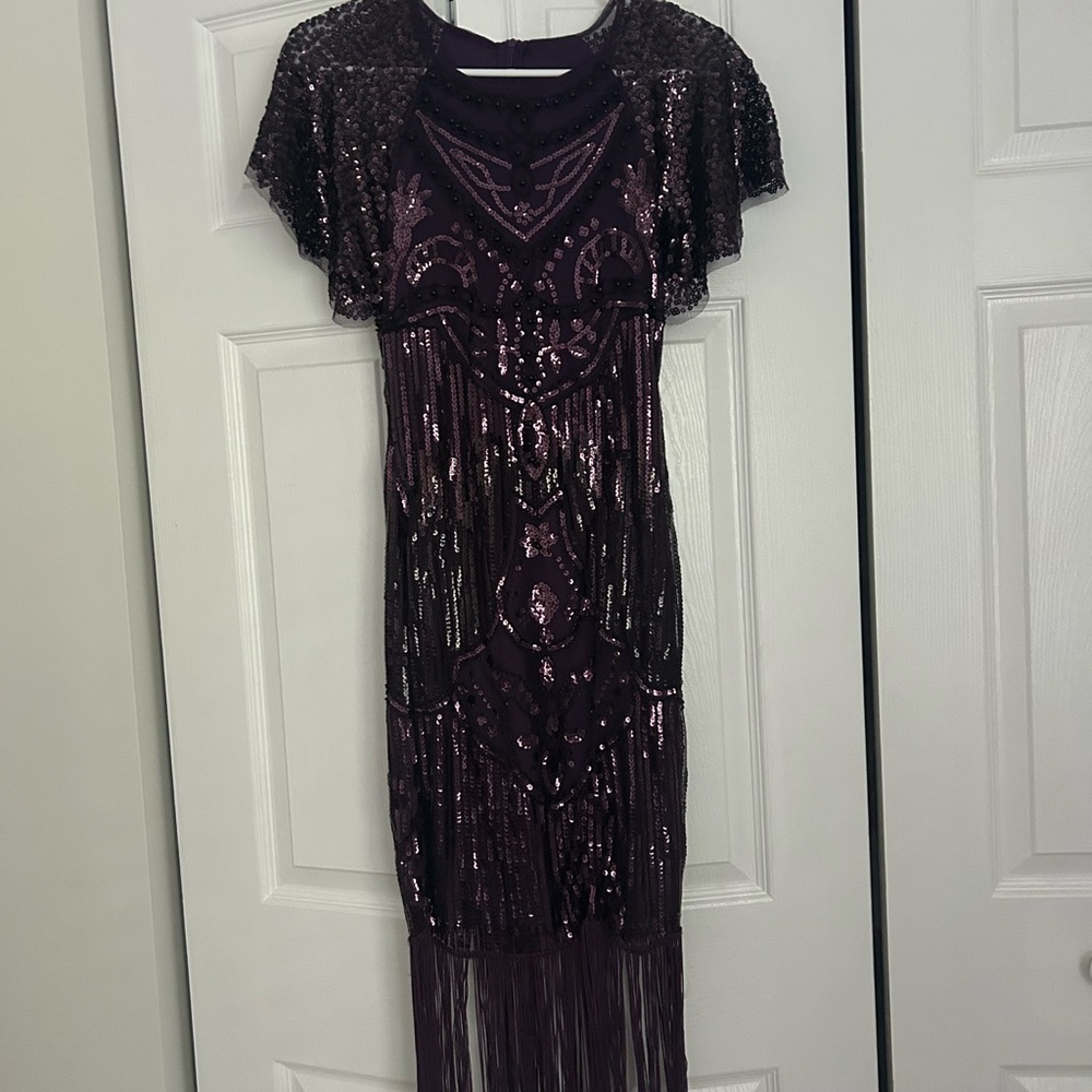 Amazon Purple Sequin Flutter Sleeve Midi Gown